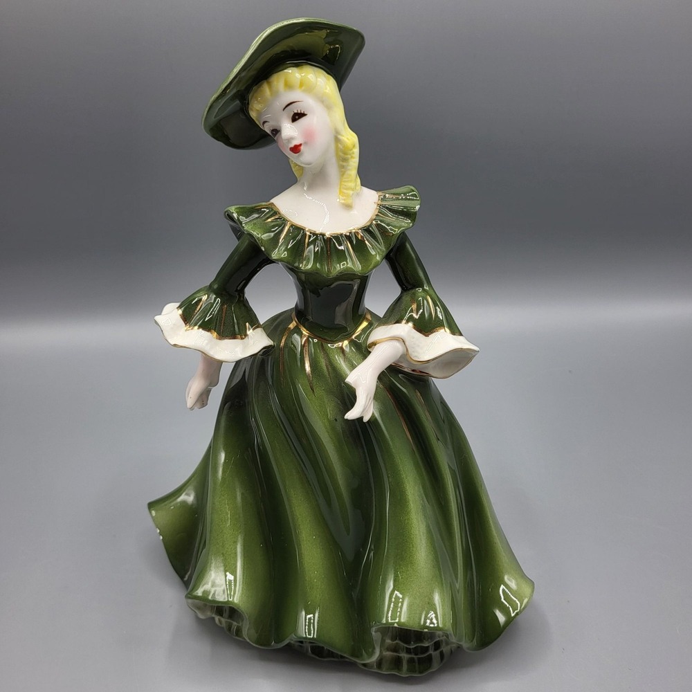 Vtg Napco Lady Ann Ceramic Figurine Green Dress Japan #1874A Home Decor DAMAGED